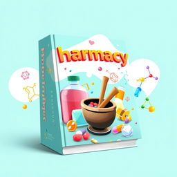 An animated book cover for a Pharmacy textbook, featuring a vibrant and visually engaging design