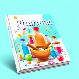 An animated book cover for a Pharmacy textbook, featuring a vibrant and visually engaging design