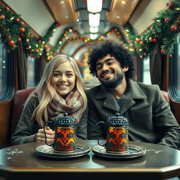 A blonde-haired girl and a curly-haired black-haired guy sitting together in a cozy train compartment decorated with colorful Christmas garlands