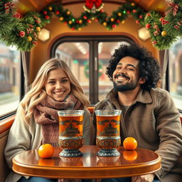 A blonde-haired girl and a curly-haired black-haired guy sitting together in a cozy train compartment decorated with colorful Christmas garlands