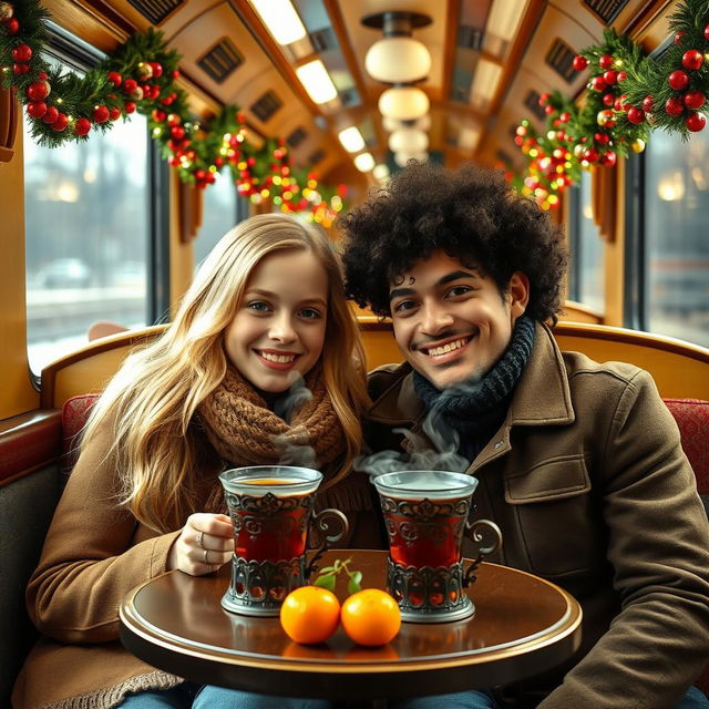 A blonde-haired girl and a curly-haired black-haired guy sitting together in a cozy train compartment decorated with colorful Christmas garlands