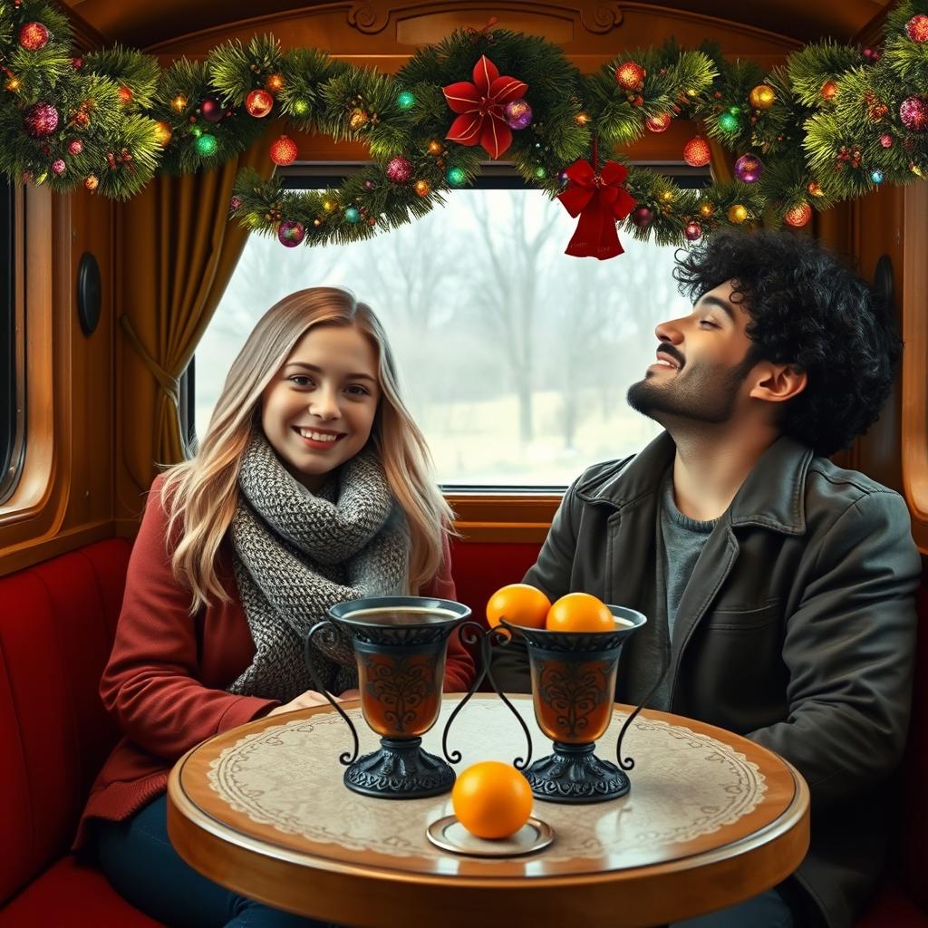 A blonde-haired girl and a curly-haired black-haired guy sitting together in a cozy train compartment decorated with colorful Christmas garlands