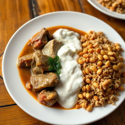 A beautifully arranged plate featuring tender cooked meat stewed in creamy yogurt, showcasing rich textures and flavors