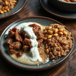 A beautifully arranged plate featuring tender cooked meat stewed in creamy yogurt, showcasing rich textures and flavors