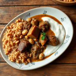 A beautifully arranged plate featuring tender cooked meat stewed in creamy yogurt, showcasing rich textures and flavors