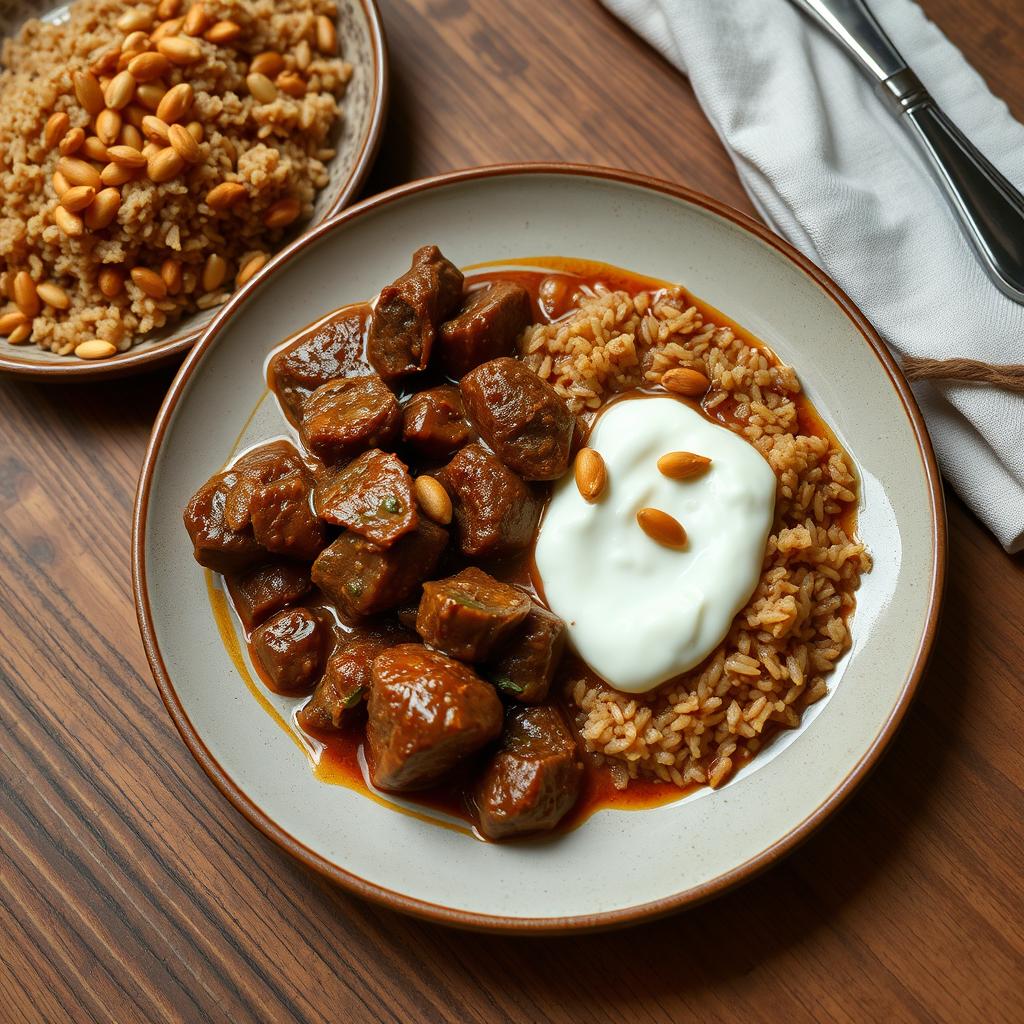 A beautifully arranged plate featuring tender cooked meat stewed in creamy yogurt, showcasing rich textures and flavors