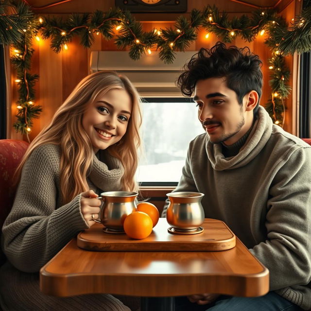 A blonde-haired girl and a curly-haired black-haired guy are sitting together in a cozy train compartment decorated with Christmas garlands