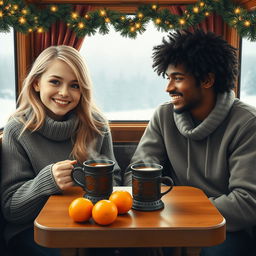 A blonde-haired girl and a curly-haired black-haired guy are sitting together in a cozy train compartment decorated with Christmas garlands