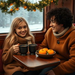 A blonde-haired girl and a curly-haired black-haired guy are sitting together in a cozy train compartment decorated with Christmas garlands
