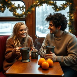 A blonde-haired girl and a curly-haired black-haired guy are sitting together in a cozy train compartment decorated with Christmas garlands