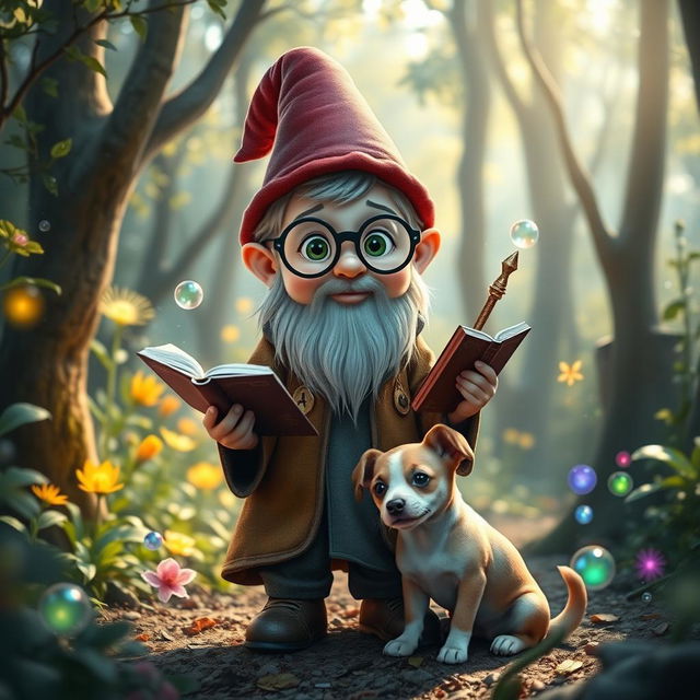 A young gnome mage with a whimsical appearance, wearing a colorful robe adorned with mystical symbols