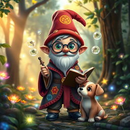 A young gnome mage with a whimsical appearance, wearing a colorful robe adorned with mystical symbols