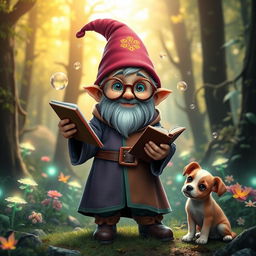 A young gnome mage with a whimsical appearance, wearing a colorful robe adorned with mystical symbols