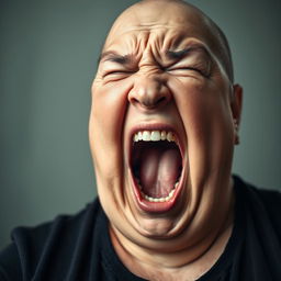 A powerful and emotional scene featuring a 50-year-old woman who is very overweight and bald, displaying an intense expression of anger or frustration