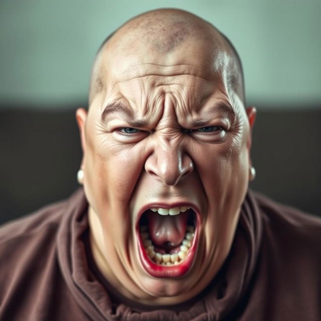 A powerful and emotional scene featuring a 50-year-old woman who is very overweight and bald, displaying an intense expression of anger or frustration