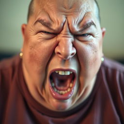 A powerful and emotional scene featuring a 50-year-old woman who is very overweight and bald, displaying an intense expression of anger or frustration