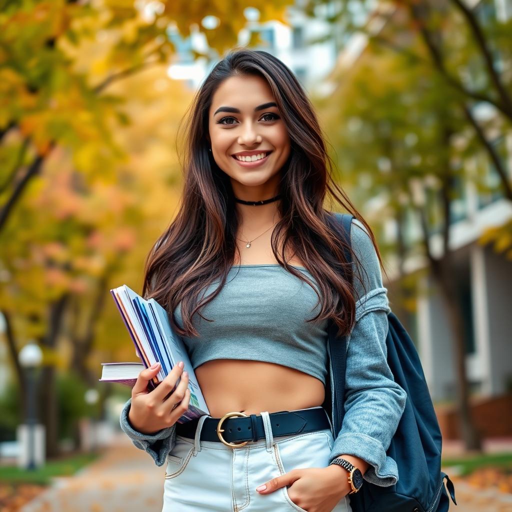 A stylish brunette college girl wearing a casual crop top, showcasing a trendy fashion sense