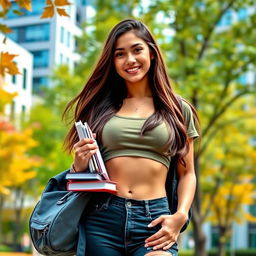A stylish brunette college girl wearing a casual crop top, showcasing a trendy fashion sense