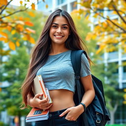 A stylish brunette college girl wearing a casual crop top, showcasing a trendy fashion sense