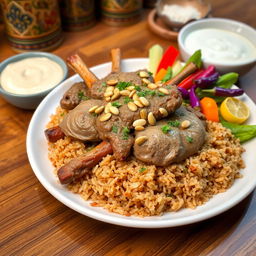 A delicious plate of traditional Mansaf, featuring tender pieces of lamb served over fragrant brown rice, garnished with pine nuts and fresh herbs