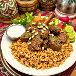 A delicious plate of traditional Mansaf, featuring tender pieces of lamb served over fragrant brown rice, garnished with pine nuts and fresh herbs
