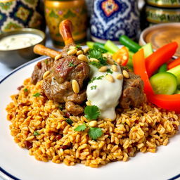 A delicious plate of traditional Mansaf, featuring tender pieces of lamb served over fragrant brown rice, garnished with pine nuts and fresh herbs