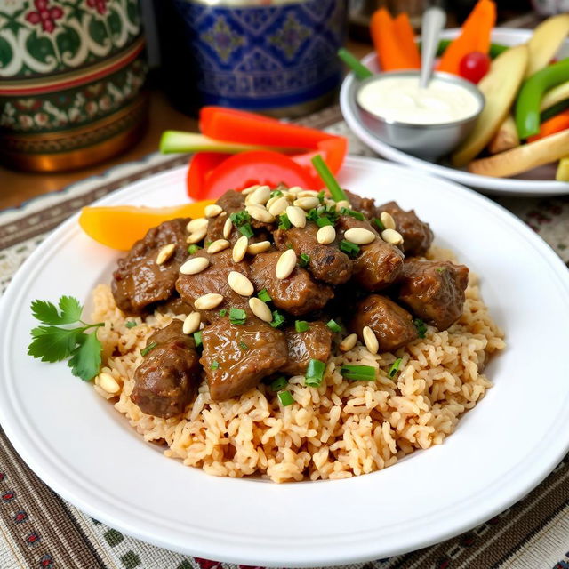 A delicious plate of traditional Mansaf, featuring tender pieces of lamb served over fragrant brown rice, garnished with pine nuts and fresh herbs