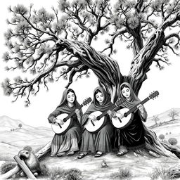 A weathered old juniper tree, depicted in a striking black and white style, showing deep textures and intricate details