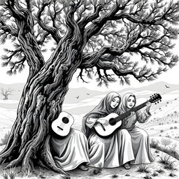 A weathered old juniper tree, depicted in a striking black and white style, showing deep textures and intricate details
