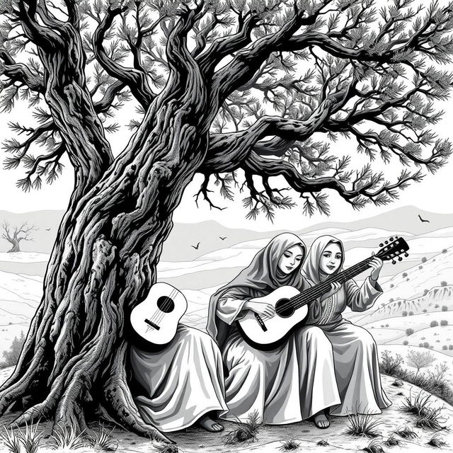A weathered old juniper tree, depicted in a striking black and white style, showing deep textures and intricate details