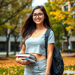 A stylish brunette college girl wearing a casual crop top and glasses, showcasing a trendy fashion sense