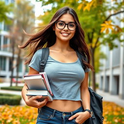A stylish brunette college girl wearing a casual crop top and glasses, showcasing a trendy fashion sense