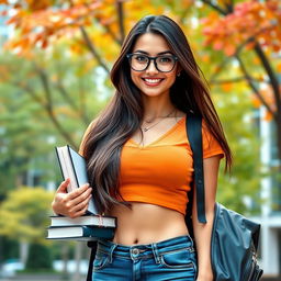 A stylish brunette college girl wearing a casual crop top and glasses, showcasing a trendy fashion sense