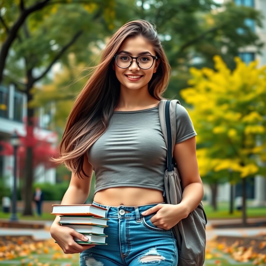 A stylish brunette college girl wearing a casual crop top and glasses, showcasing a trendy fashion sense