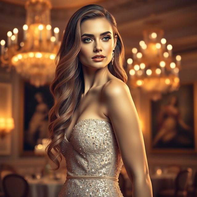 A beautiful female model with long wavy hair, wearing an elegant evening gown