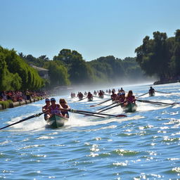 A dynamic and exciting scene of a competitive rowing event featuring sleek racing boats (barquetas) gliding across a shimmering lake