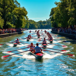 A dynamic and exciting scene of a competitive rowing event featuring sleek racing boats (barquetas) gliding across a shimmering lake