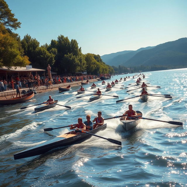 A dynamic and exciting scene of a competitive rowing event featuring sleek racing boats (barquetas) gliding across a shimmering lake