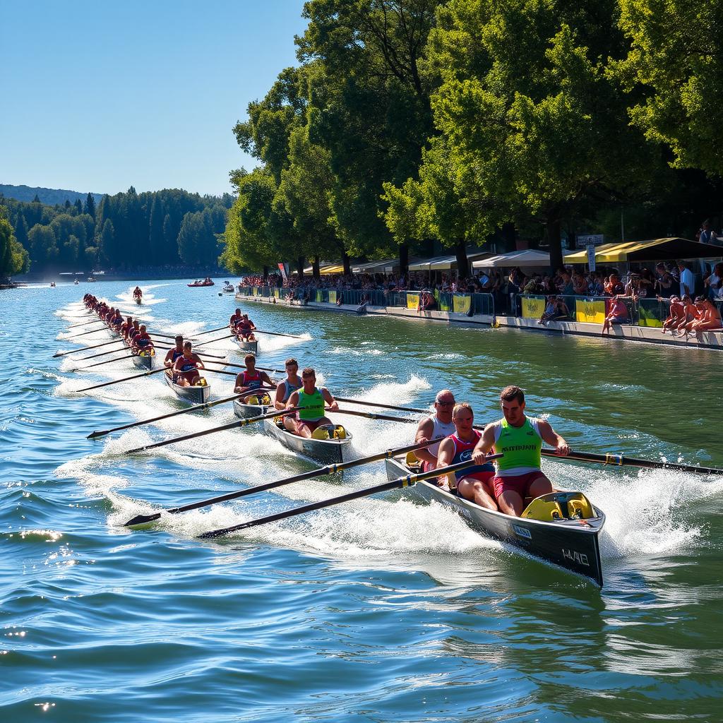 A dynamic and exciting scene of a competitive rowing event featuring sleek racing boats (barquetas) gliding across a shimmering lake