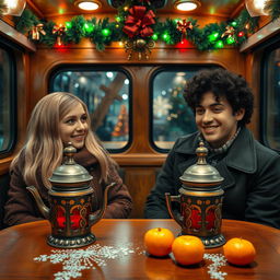 A charming scene inside a Russian train compartment decorated with festive Christmas lights