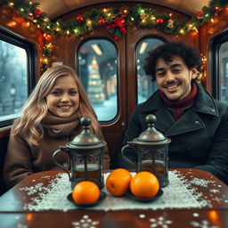 A charming scene inside a Russian train compartment decorated with festive Christmas lights