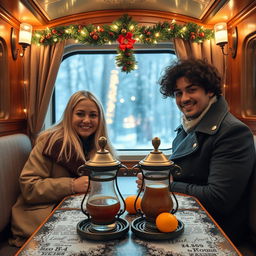 A charming scene inside a Russian train compartment decorated with festive Christmas lights