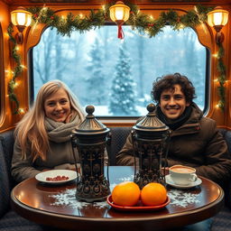 A charming scene inside a Russian train compartment decorated with festive Christmas lights