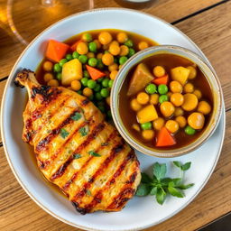 A beautifully arranged plate featuring grilled chicken alongside a vibrant bowl of vegetable stew filled with potatoes and chickpeas