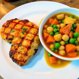 A beautifully arranged plate featuring grilled chicken alongside a vibrant bowl of vegetable stew filled with potatoes and chickpeas