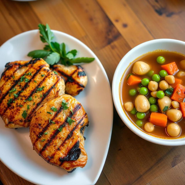 A beautifully arranged plate featuring grilled chicken alongside a vibrant bowl of vegetable stew filled with potatoes and chickpeas