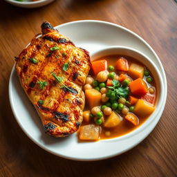 A beautifully arranged plate featuring grilled chicken alongside a vibrant bowl of vegetable stew filled with potatoes and chickpeas