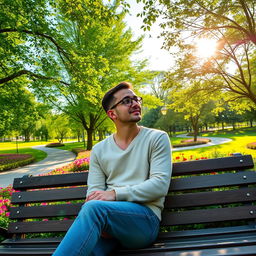 A man wearing glasses sitting on a wooden bench in a serene park surrounded by lush green trees and colorful flowers