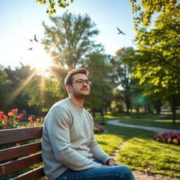 A man wearing glasses sitting on a wooden bench in a serene park surrounded by lush green trees and colorful flowers