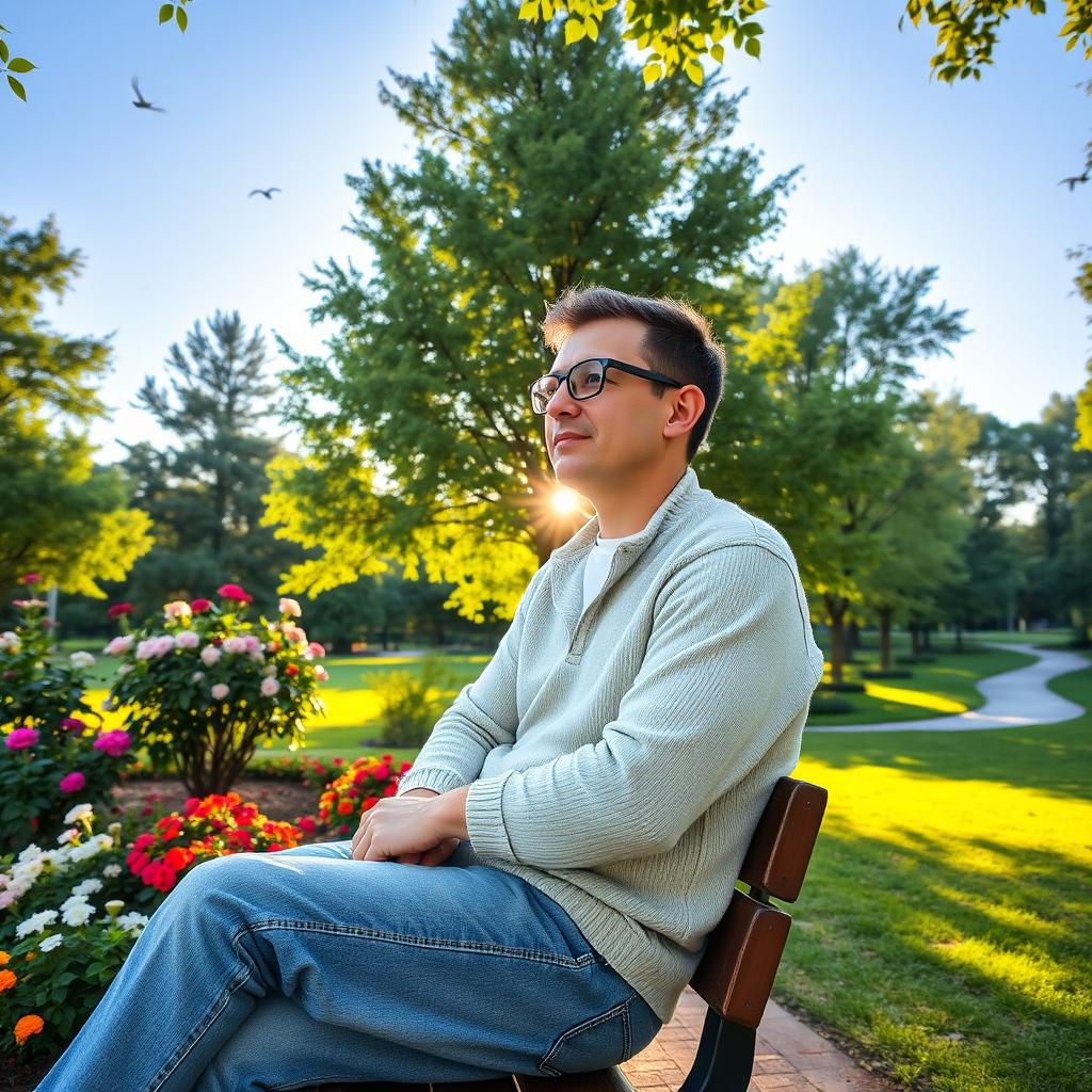 A man wearing glasses sitting on a wooden bench in a serene park surrounded by lush green trees and colorful flowers